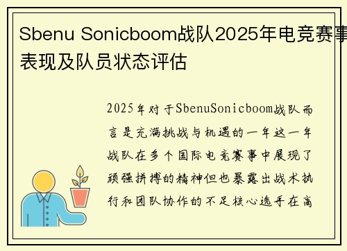 Sbenu Sonicboom战队2025年电竞赛事表现及队员状态评估